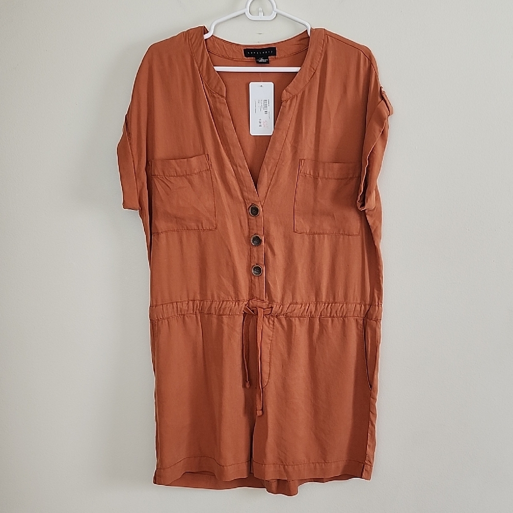 Evereve Santuary Landscape Romper Button-Front Drawstring Waist Utility Womens L